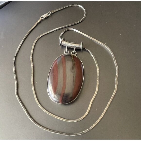 Vintage Polished Jaspelite Pendant 925 Sterling Silver 24” Chain Made Italy - Picture 10 of 16